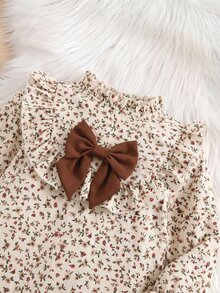Tween Girl Stand Collar Long Sleeve Flared Colorblock Bow Back To School Dress - Khaki - View 8