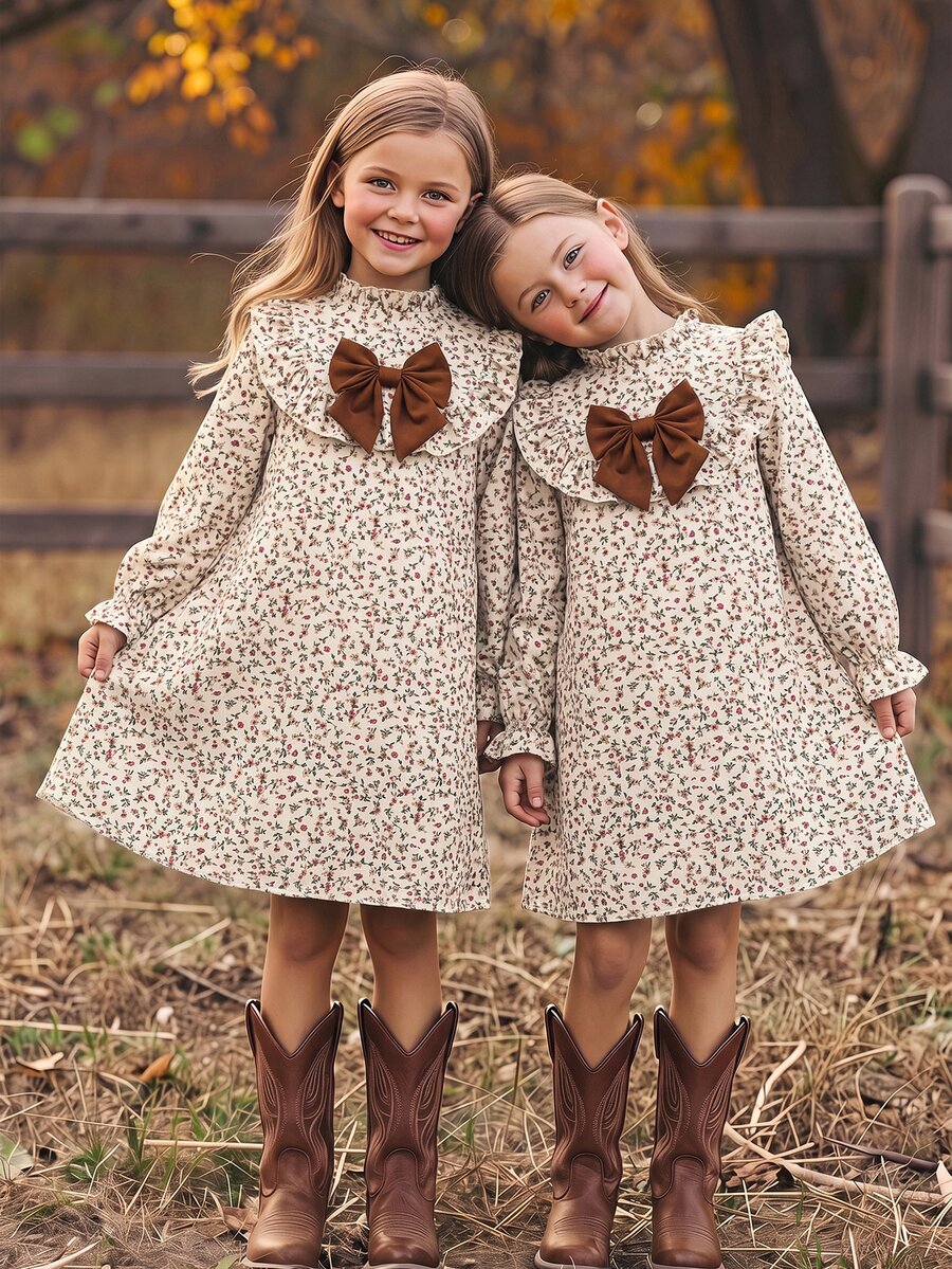 Tween Girl Stand Collar Long Sleeve Flared Colorblock Bow Back To School Dress - Khaki - View 1
