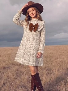 Tween Girl Stand Collar Long Sleeve Flared Colorblock Bow Back To School Dress - Khaki - View 2