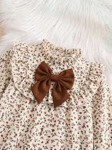 Tween Girl Stand Collar Long Sleeve Flared Colorblock Bow Back To School Dress - Khaki - View 5