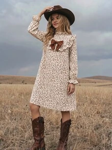 Tween Girl Stand Collar Long Sleeve Flared Colorblock Bow Back To School Dress - Khaki - View 3