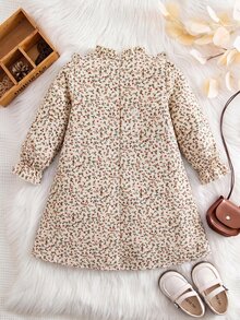 Tween Girl Stand Collar Long Sleeve Flared Colorblock Bow Back To School Dress - Khaki - View 6