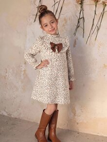 Tween Girl Stand Collar Long Sleeve Flared Colorblock Bow Back To School Dress - Khaki - View 7