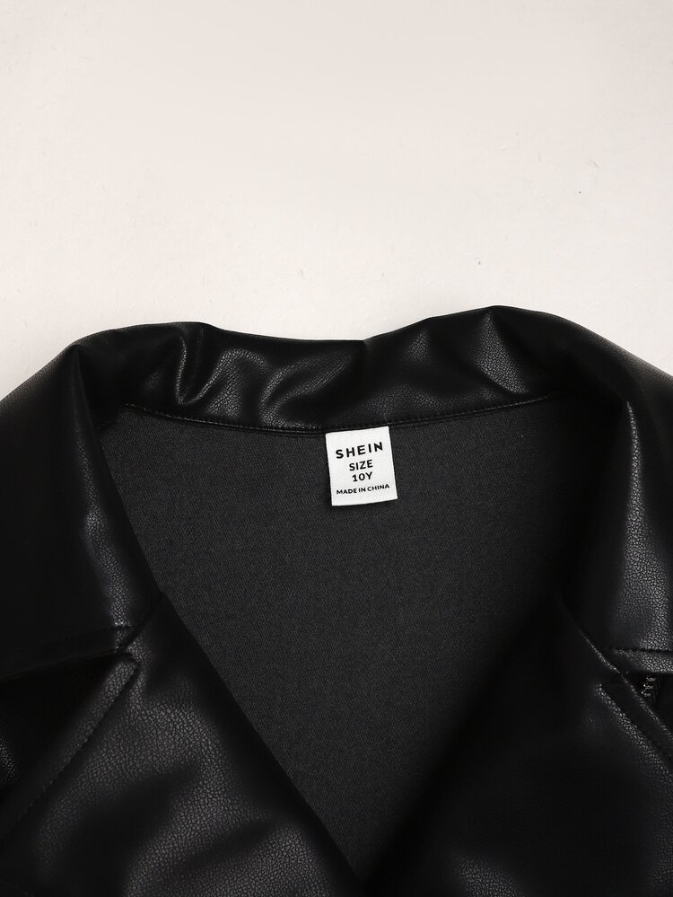 SHEIN Tween Girl Streetwear PU Kids Metal Zipper Front Cropped Black Leather Faux Jacket Fall/Winter - Black - View 5