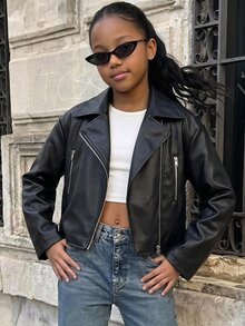 SHEIN Tween Girl Streetwear PU Kids Metal Zipper Front Cropped Black Leather Faux Jacket Fall/Winter - Black - View 13