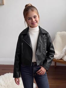 SHEIN Tween Girl Streetwear PU Kids Metal Zipper Front Cropped Black Leather Faux Jacket Fall/Winter - Black - View 12