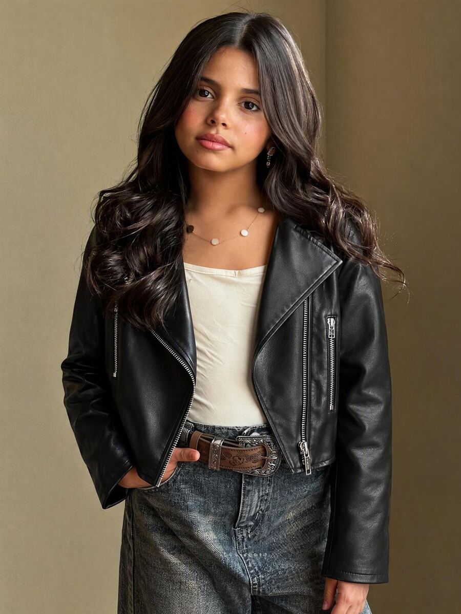 SHEIN Tween Girl Streetwear PU Kids Metal Zipper Front Cropped Black Leather Faux Jacket Fall/Winter - Black - View 1