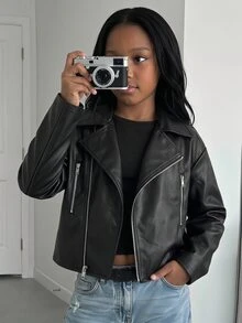 SHEIN Tween Girl Streetwear PU Kids Metal Zipper Front Cropped Black Leather Faux Jacket Fall/Winter - Black - View 14