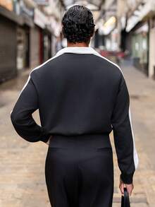 YOUESAWY YOUESAWY 男士休闲宽松字母印花拼色长袖 Polo 衫，秋季 - 黑色 - 查看 2