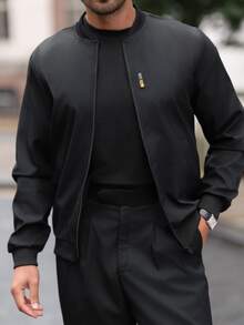 YOUESAWY YOUESAWY Jaket Bomber Pria Warna Hitam dengan Lengan Panjang Reguler dan Penutup Resleting untuk Pemakaian Sehari-hari, Musim Gugur - Hitam - View 4