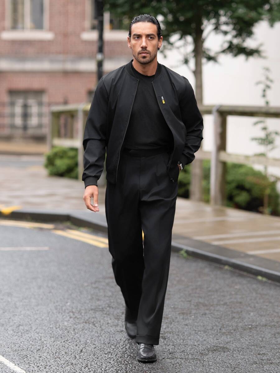 YOUESAWY YOUESAWY Jaket Bomber Pria Warna Hitam dengan Lengan Panjang Reguler dan Penutup Resleting untuk Pemakaian Sehari-hari, Musim Gugur - Hitam - View 1