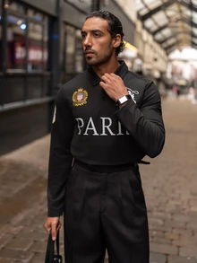 YOUESAWY YOUESAWY Aesthetic Post--Men's Casual Letter Print Long Sleeve Golf Polo Shirt For Autumn, For Fall - Black - View 3