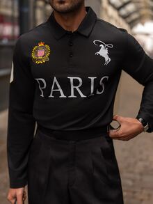 YOUESAWY YOUESAWY Aesthetic Post--Men's Casual Letter Print Long Sleeve Golf Polo Shirt For Autumn, For Fall - Black - View 4