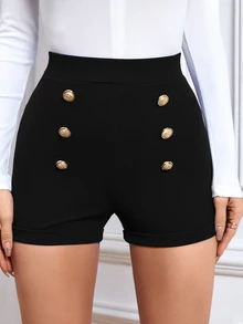 Firerie High Waist Button Detail Shorts - Black - View 5
