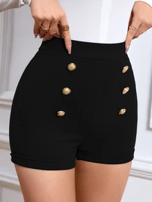 Firerie High Waist Button Detail Shorts - Black - View 6