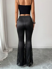 Elenzga Elegant Luminous Satin For Autumn‑Winter Gala Evenings Lace Flare Leg Pants Night Going Out Black Summer Sexy Flowy - Black - View 3