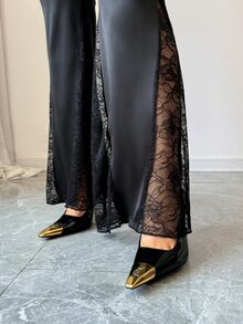 Elenzga Elegant Luminous Satin For Autumn‑Winter Gala Evenings Lace Flare Leg Pants Night Going Out Black Summer Sexy Flowy - Black - View 5