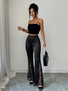 Elenzga Elegant Luminous Satin For Autumn‑Winter Gala Evenings Lace Flare Leg Pants Night Going Out Black Summer Sexy Flowy - Black - View 6