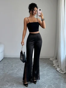 Elenzga Elegant Luminous Satin For Autumn‑Winter Gala Evenings Lace Flare Leg Pants Night Going Out Black Summer Sexy Flowy - Black - View 7