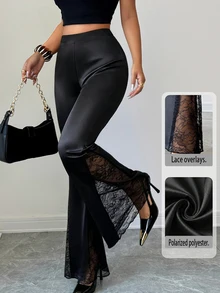 Elenzga Elegant Luminous Satin For Autumn‑Winter Gala Evenings Lace Flare Leg Pants Night Going Out Black Summer Sexy Flowy - Black - View 2