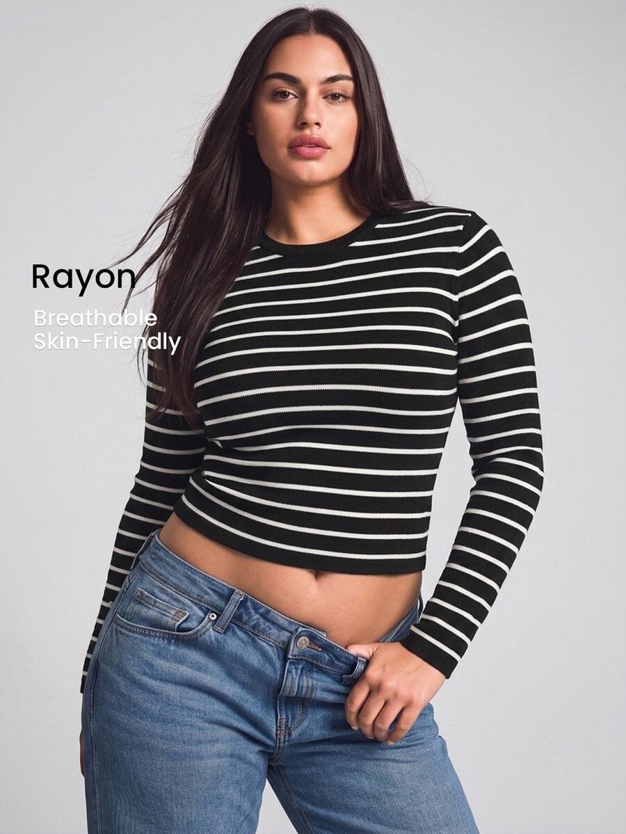 YARNWELL Plus Size Women's Striped Crew Neck Long Sleeve Cropped Pullover Sweater - Black and White - View 1