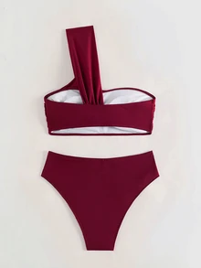 Costavie Women's Summer Beach Solid Color One-Shoulder Sexy Fashion Bikini Two-Piece Swimwear Set - Burgundy - View 2