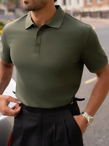 YOUESAWY YOUESAWY ALTZTAR 男士纯色休闲通勤 Polo 衫 - 軍綠色 - 查看 5