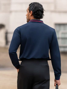 YOUESAWY YOUESAWY 1件男士時尚休閒純色鈕扣領 Polo 衫，薄款長袖，適合春秋穿著 - 藏蓝色 - 查看 2