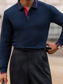 YOUESAWY YOUESAWY 1件男士時尚休閒純色鈕扣領 Polo 衫，薄款長袖，適合春秋穿著 - 藏蓝色 - 查看 5