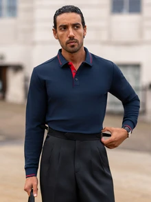 YOUESAWY YOUESAWY 1件男士時尚休閒純色鈕扣領 Polo 衫，薄款長袖，適合春秋穿著 - 藏蓝色 - 查看 3