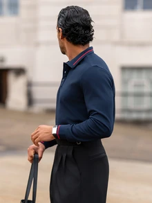 YOUESAWY YOUESAWY 1件男士時尚休閒純色鈕扣領 Polo 衫，薄款長袖，適合春秋穿著 - 藏蓝色 - 查看 4