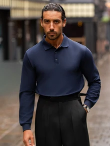 YOUESAWY YOUESAWY Men's Solid Color Long Sleeve Polo Shirt, Casual For Daily Wear, Autumn, For Golf, Fall - Navy Blue - View 1