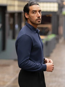 YOUESAWY YOUESAWY Men's Solid Color Long Sleeve Polo Shirt, Casual For Daily Wear, Autumn, For Golf, Fall - Navy Blue - View 4