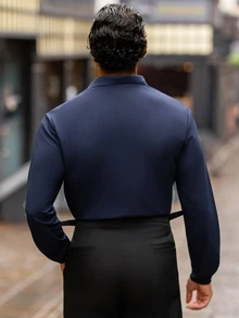 YOUESAWY YOUESAWY Men's Solid Color Long Sleeve Polo Shirt, Casual For Daily Wear, Autumn, For Golf, Fall - Navy Blue - View 2