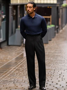 YOUESAWY YOUESAWY Men's Solid Color Long Sleeve Polo Shirt, Casual For Daily Wear, Autumn, For Golf, Fall - Navy Blue - View 5