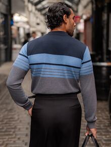 YOUESAWY YOUESAWY Men's Striped Half-Zip Polo Shirt, Long Sleeve Casual Loose Patchwork Daily Half-Zip Pullover Knit Thin Sweater, Colorblock Fashion Minimalist - Blue - View 2