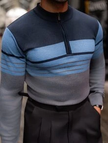 YOUESAWY YOUESAWY Men's Striped Half-Zip Polo Shirt, Long Sleeve Casual Loose Patchwork Daily Half-Zip Pullover Knit Thin Sweater, Colorblock Fashion Minimalist - Blue - View 4