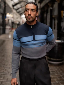 YOUESAWY YOUESAWY Men's Striped Half-Zip Polo Shirt, Long Sleeve Casual Loose Patchwork Daily Half-Zip Pullover Knit Thin Sweater, Colorblock Fashion Minimalist - Blue - View 3