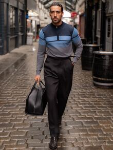 YOUESAWY YOUESAWY Men's Striped Half-Zip Polo Shirt, Long Sleeve Casual Loose Patchwork Daily Half-Zip Pullover Knit Thin Sweater, Colorblock Fashion Minimalist - Blue - View 1