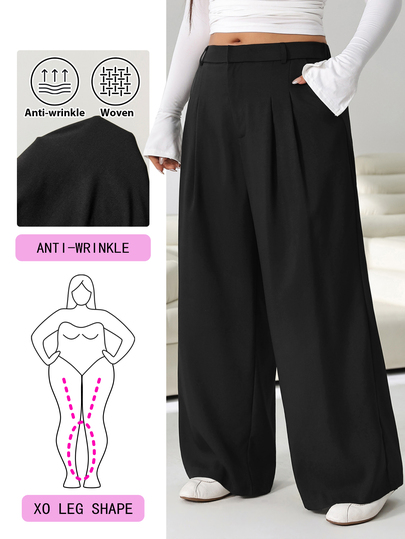 Solflare Plus Size Women's Black Long Pants, Autumn/Winter Fall Formal Office Casual Elegant