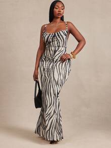 Radiana Plus Size Fashion Zebra Print Mermaid Dress - Black and White - View 8