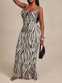 Radiana Plus Size Fashion Zebra Print Mermaid Dress - Black and White - View 3