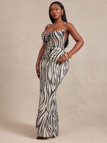 Radiana Plus Size Fashion Zebra Print Mermaid Dress - Black and White - View 7