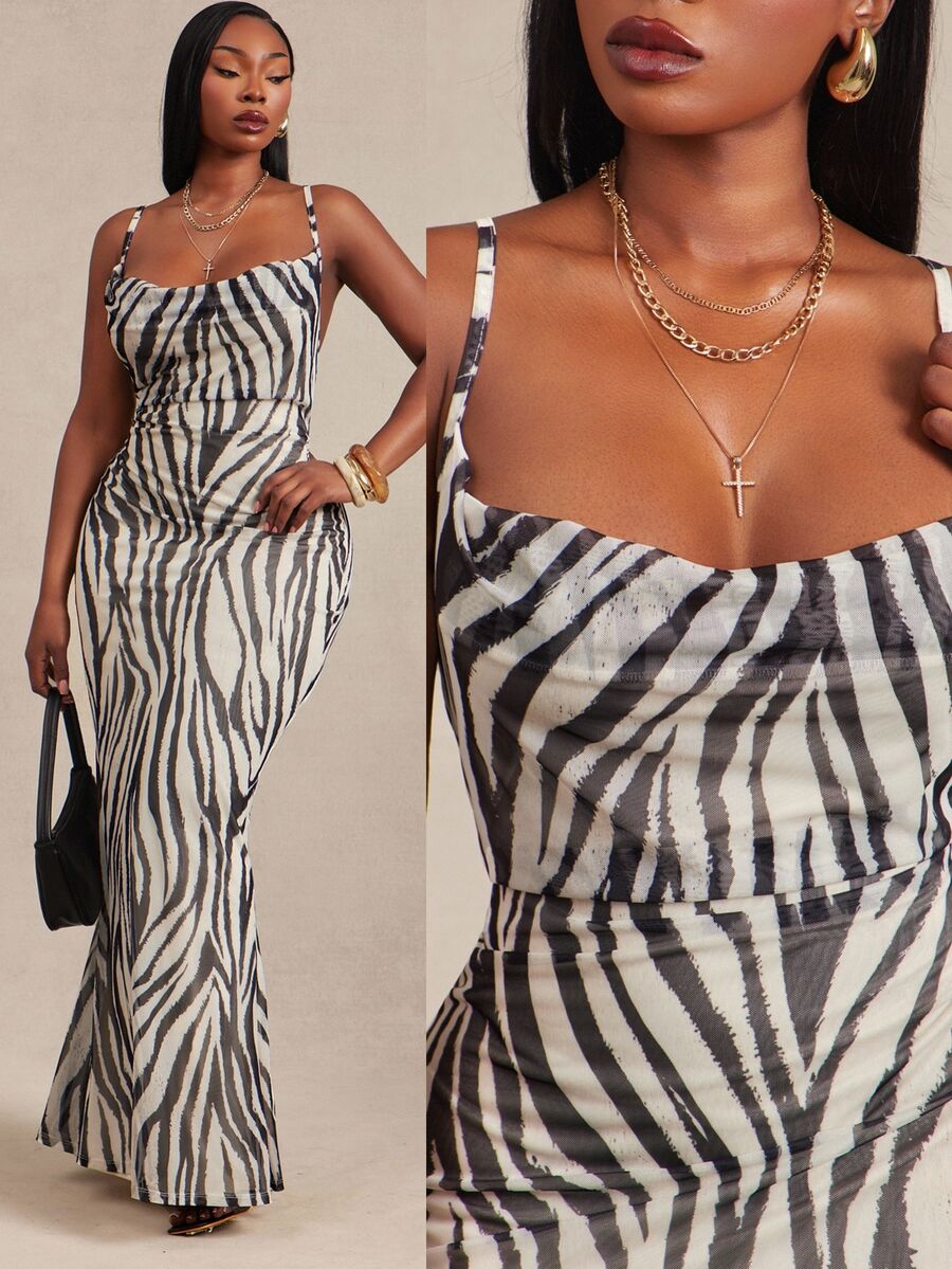 Radiana Plus Size Fashion Zebra Print Mermaid Dress - Black and White - View 1