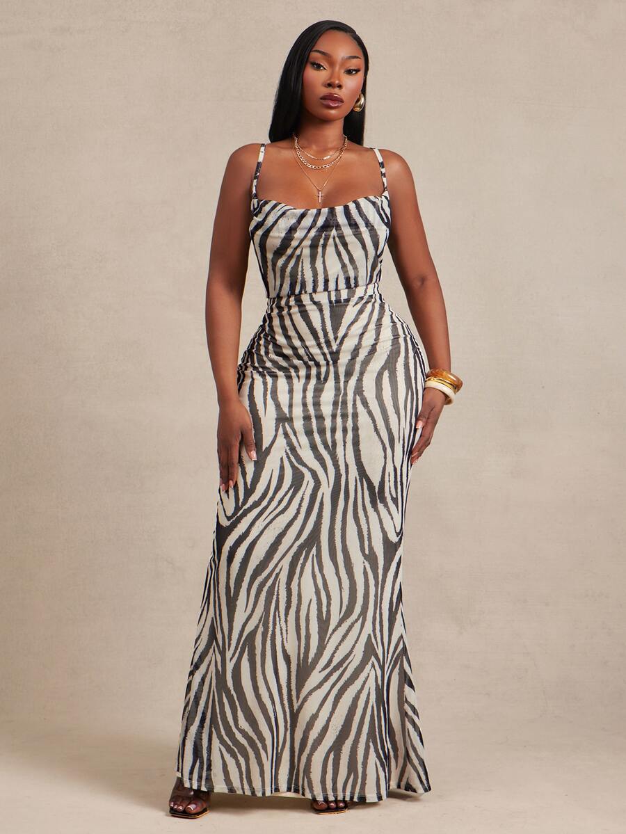 Radiana Plus Size Fashion Zebra Print Mermaid Dress - Black and White - View 1