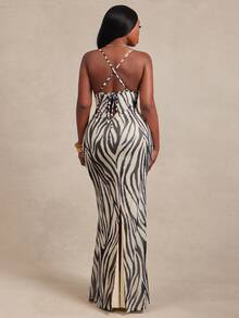 Radiana Plus Size Fashion Zebra Print Mermaid Dress - Black and White - View 2