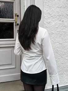 MainGRL Women's Solid Color Button-Front Long Sleeve Casual Elegant Preppy Shirt, Everyday Wear Teachers' Day Office White Autumn - White - View 2