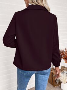 SHEIN 女士纯色休闲拉链抓绒外套，秋冬季 - 酒紅色 - 查看 2