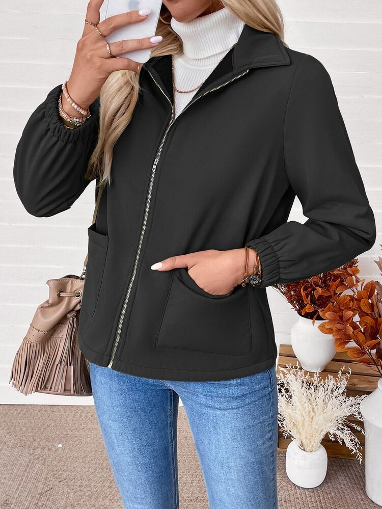 SHEIN Women's Casual Black Plain Fabric Regular Length Long Sleeve Zipper Coat With Collar - Black - View 6