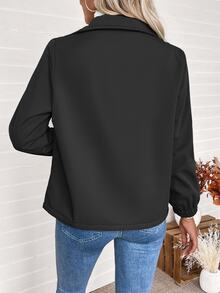 SHEIN Women's Casual Black Plain Fabric Regular Length Long Sleeve Zipper Coat With Collar - Black - View 2